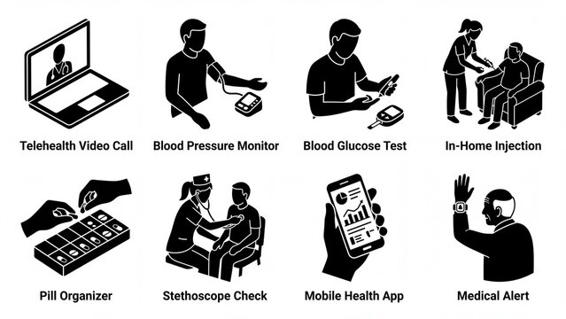 Set of isometric healthcare technology icons depicting telemedicine remote patient monitoring and digital health services isolated on white
