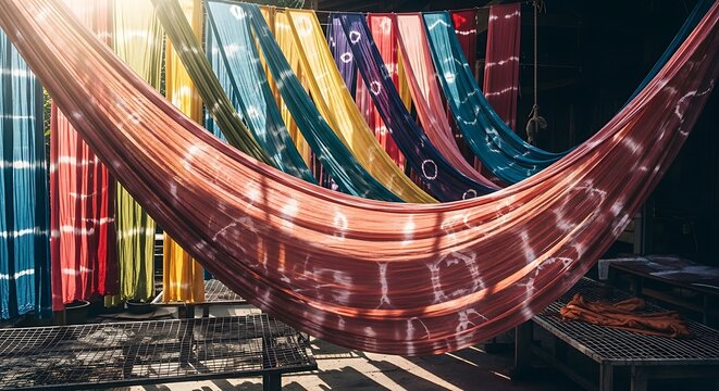 Colorful dyed fabrics hanging to dry in a traditional textile workshop