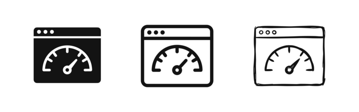 Website speed test browser icon set in flat, line, and doodle art styles