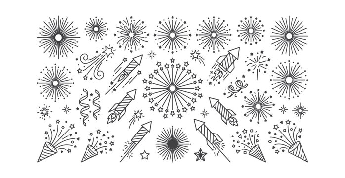 Fireworks and rocket doodles vector set line art drawing for holiday celebration events and party invitations pyrotechnics sparkles festive shapes starbursts and decorative anniversary elements.