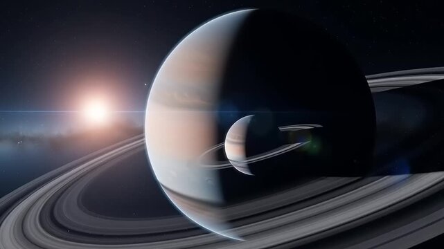 Saturn Planet with Rings and Moon Orbiting.