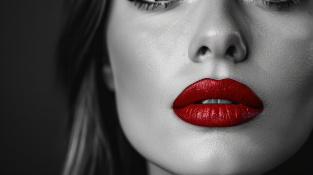 Close-Up Portrait of Woman with Bold Red Lips and Dramatic Makeup on Dark Background
