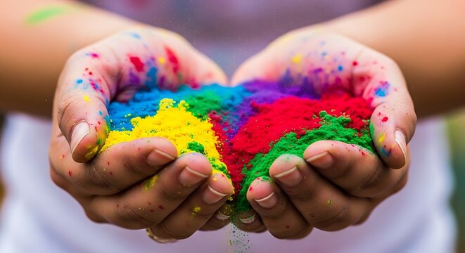 Colorful holi powder held in human hands during a festive celebration