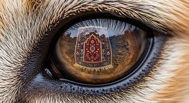 Detailed close-up of an animal eye reflecting a decorative prayer rug