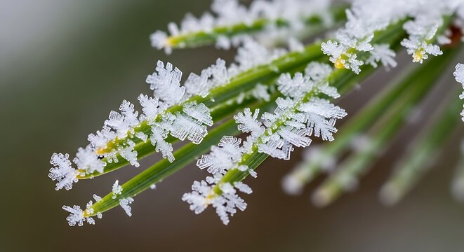Detailed macro shot of crystalline ice snowflakes on pine tree needles