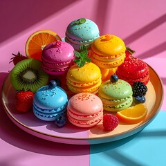 Fototapeta premium A plate of colorful macarons and fresh fruits on a vibrant background