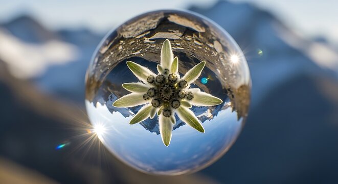 Edelweiss flower reflected inside a glass crystal ball in the mountains