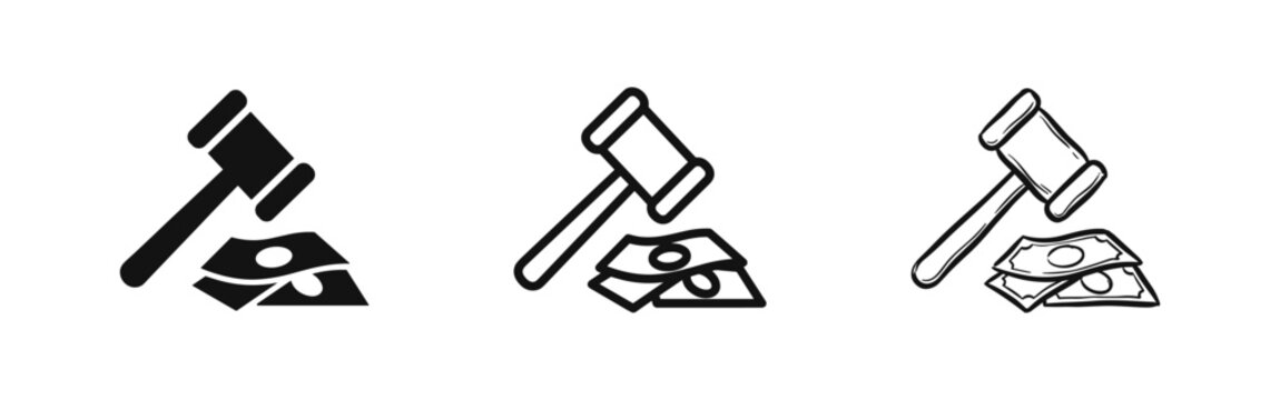 Judge gavel with money icon set, legal and financial concepts in solid, outline, and sketch styles