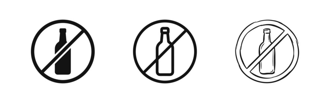 No alcohol beverage icon set, prohibition signs in solid, outline, and sketch styles