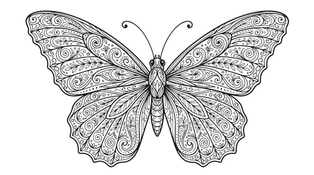 Intricate butterfly mandala vector illustration, ornate black and white insect line art, decorative butterfly coloring page for adults and craft projects