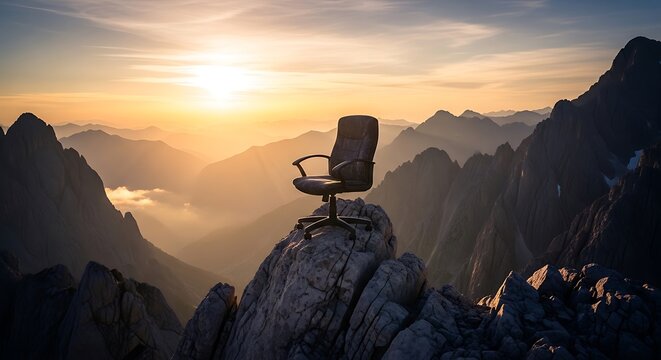 Empty office chair placed on a mountain peak at golden sunset sunrise