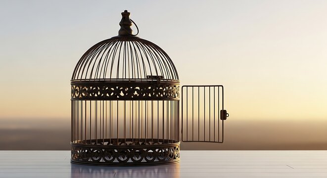 Empty vintage birdcage with open door standing on a wooden table at sunset