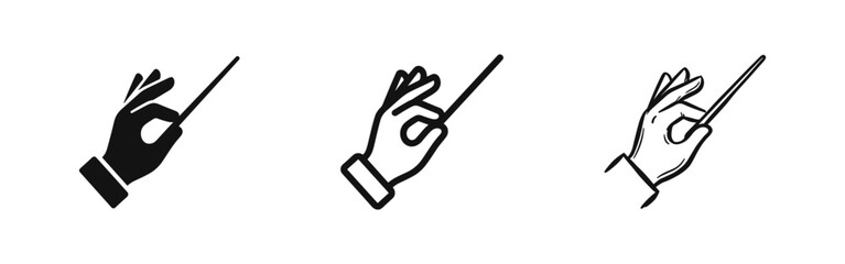 Hand holding conductor's baton icons in solid, outline, and sketch styles © drawing lines
