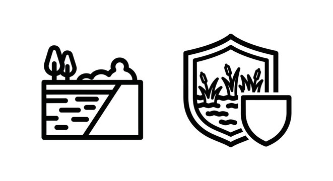 Set of black outline icons representing wetland buffer zone and marsh area protection with protection environment conservation preservation wildlife landscape security minimalist