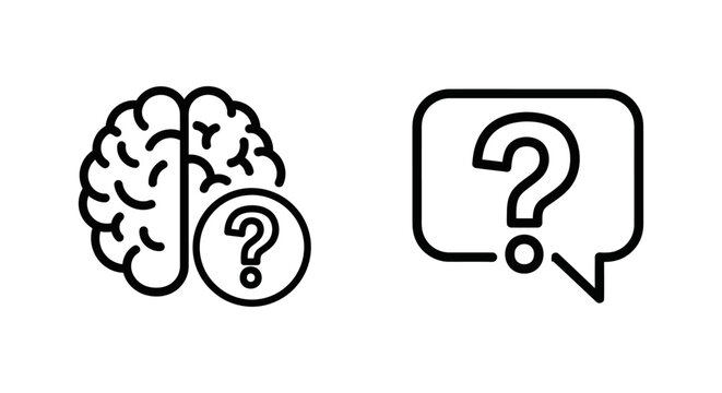 Brain memory and faq question mark line icons with question thinking knowledge intelligence cognitive solution information assistance customer business communication minimalist