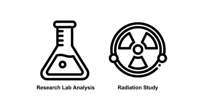 Laboratory erlenmeyer flask and radioactive hazard symbol icons with laboratory research radiation chemistry analysis scientific experiment radioactivity discovery innovation