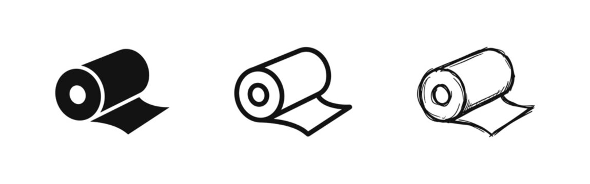 Set of three paper roll icons in different styles: solid silhouette, outline, and sketch