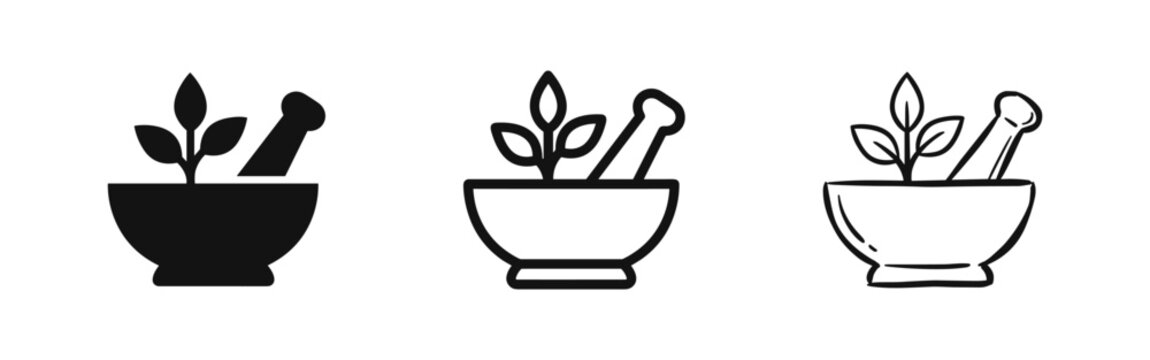 Mortar and pestle herbal icons set, pharmacy concept