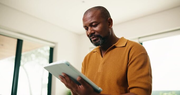Black man, tablet and thinking with stylus for remote work, editing article and creative process in home. Project draft, freelance writer and tech for proofreading, editor and story development plan