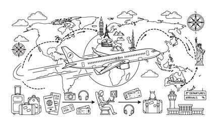Naklejka premium Hand drawn travel world map vector, airplane flight path with global landmarks, tourism doodle set with luggage and passport icons