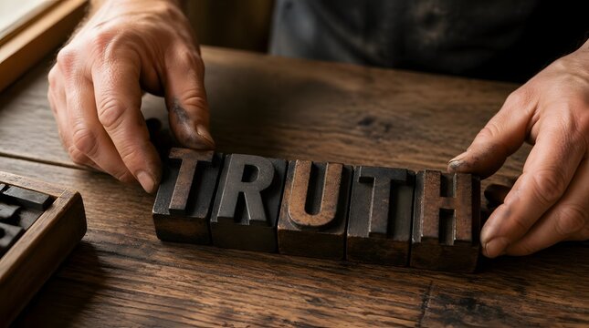 Hands arranging vintage letterpress blocks spelling out "TRUTH" on rustic wooden table, concept of communication and knowledge