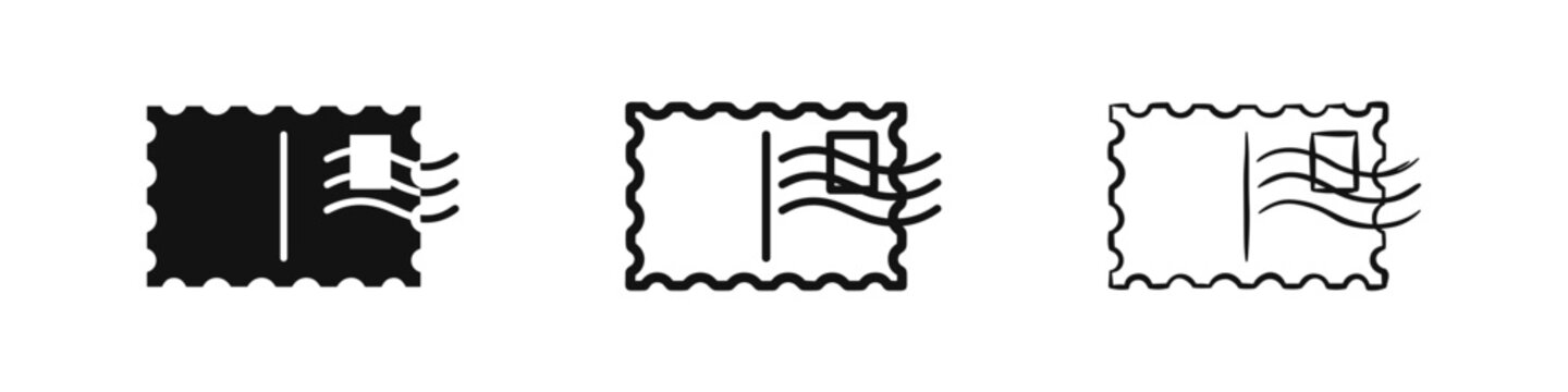 Set of post stamps with postmark icons, mail and delivery, flat and hand-drawn line style