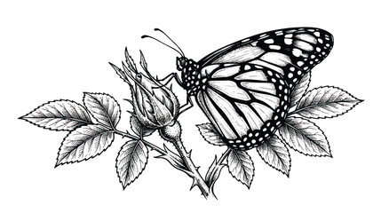 Vintage butterfly engraving on rose bud, hand drawn monarch butterfly vector illustration, botanical line art of garden insect and floral branch © Fahad