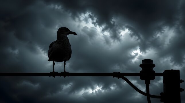 Silhouette of a lone seagull perched on a wire against a dramatic, stormy, dark sky, symbolizing resilience and foreboding atmosphere for concepts.