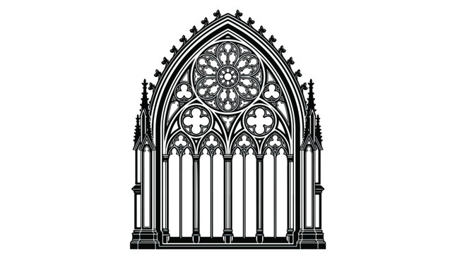 Gothic cathedral window vector illustration, ornate medieval church arch with rose window tracery, black and white architectural line art element