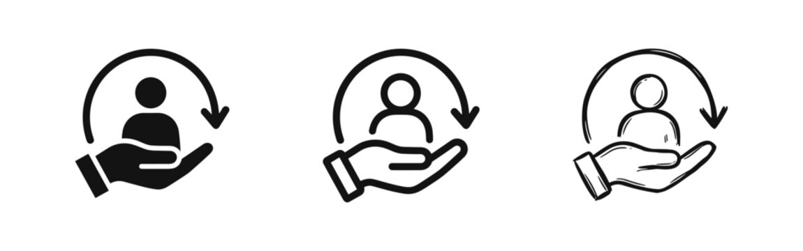 Customer retention and care icons, hand holding person with refresh arrow vector symbol