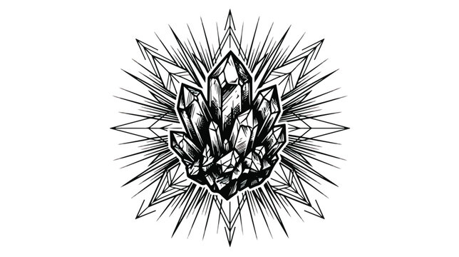 Mystical crystal cluster vector illustration, celestial quartz gemstone with radiant sunburst, esoteric black and white crystal engraving for tattoo design