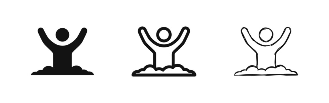 Set of drowning person icons in three styles: solid, outline, and sketch