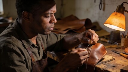 Obraz premium Man Hand-Stitching Leather Craft at Wooden Workbench in Warm Low Light