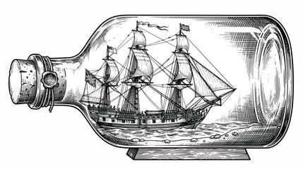 Vintage nautical ship in a bottle illustration, hand drawn antique sailing vessel sketch, black and white maritime souvenir vector art © Fahad