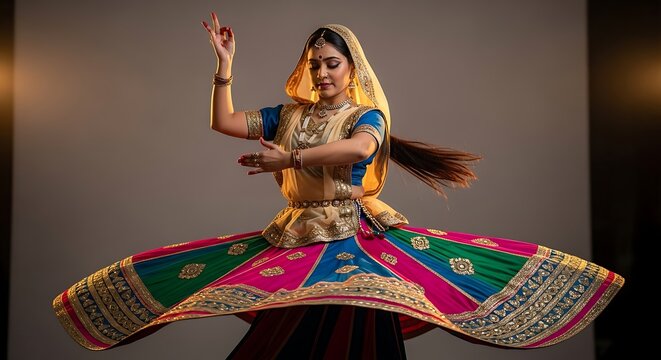 Indian woman dancing in traditional lehenga choli with spinning skirt