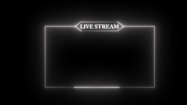  Live Stream Neon White frame animation with neon box frame. Animated neon Live stream Icon. Neon looped light frame for live stream video a Black background. Live streaming Frame -4k video
