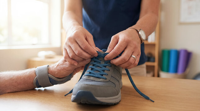 occupational therapy shoelace tying hands patient daily living skills therapist helps patient practice tying a shoelace for self care independence and practical everyday mobility confidence for