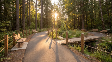 Naklejka premium accessible nature trail smooth path benches tactile signs inclusive wide smooth nature trail with rest benches and tactile information signs supporting inclusive outdoor recreation with distinct