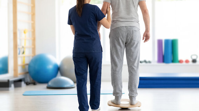 balance board therapist patient rehabilitation stability mobility training therapist supports patient on balance board exercise for stability coordination and safe functional recovery with distinct