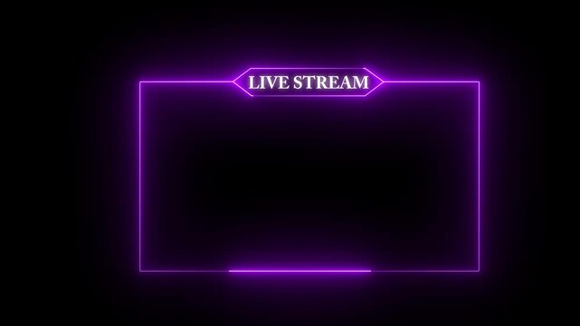  Live Stream Neon purple frame animation with neon box frame. Animated neon Live stream Icon. Neon looped light frame for live stream video a Black background. Live streaming Frame -4k video