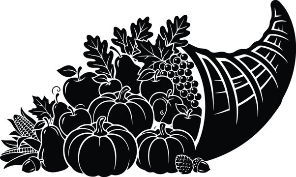 Black and white cornucopia overflowing with harvest fruits and vegetables
