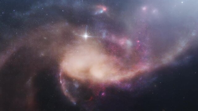 Swirling galaxy with luminous core and glowing pink‑blue nebular clouds, symbolizing cosmic evolution, star formation, and the beauty of deep space.