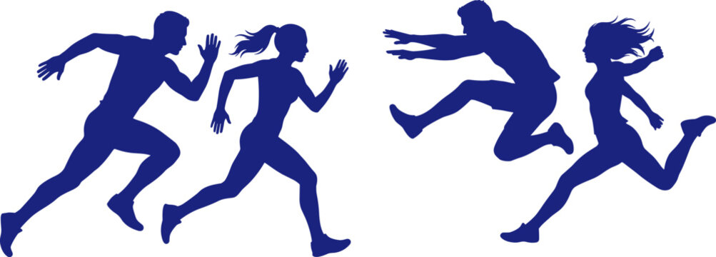 Four athletic runners executing sprinting and hurdling movements on track on transparent background