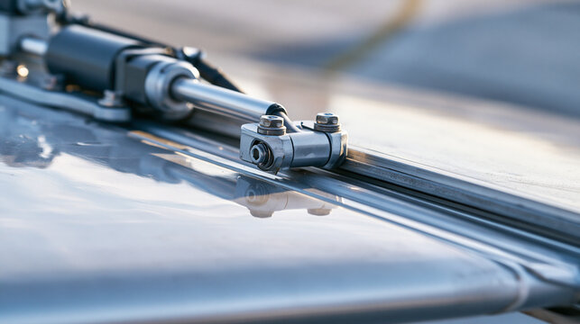 aileron. Close-up of an aircraft aileron's hinge and actuator, polished metal surface. mobility guides, transit brochures, designed for mobility and urban transit guides, used by bi analysts.