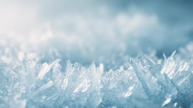 Closeup intricate ice crystals showcasing detailed frozen patterns, textures in wintry environment. Perfect for illustrating cold, freshness, beauty winter nature in creative projects