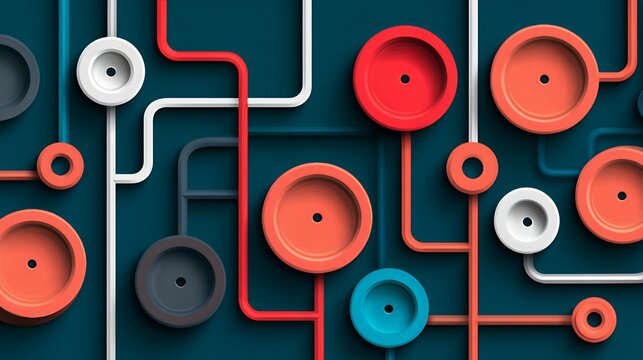 3D connected circular nodes and pipe lines on dark background, abstract geometric network technology and data structure concept.