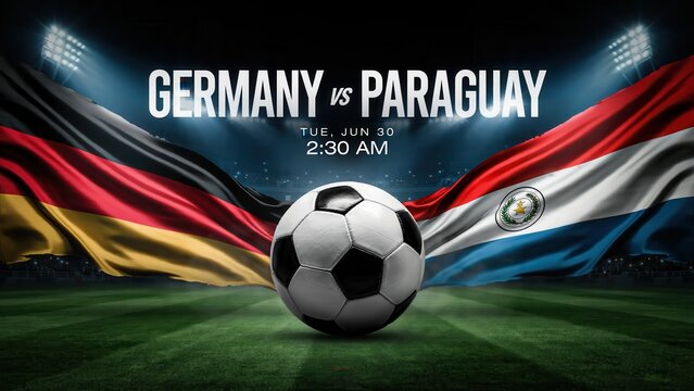 Germany vs Paraguay football match promotional banner with flags and soccer ball in stadium