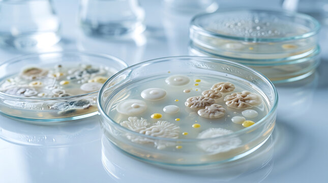 Microbiologist Examines Fungi Cultures in Petri Dishes on Laboratory Table