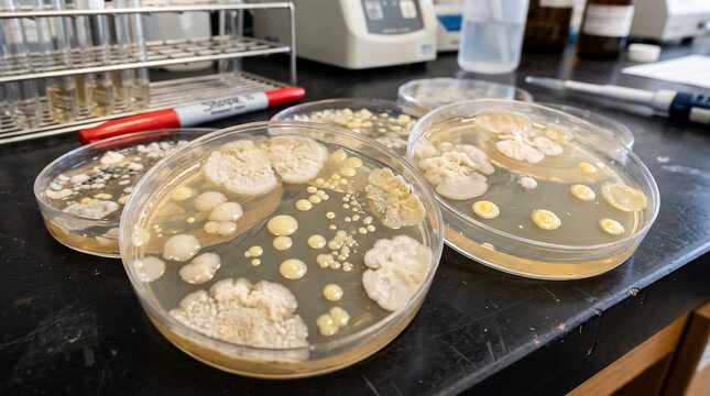 Microbiologist studying various bacterial cultures on agar plates in laboratory setting with petri dishes