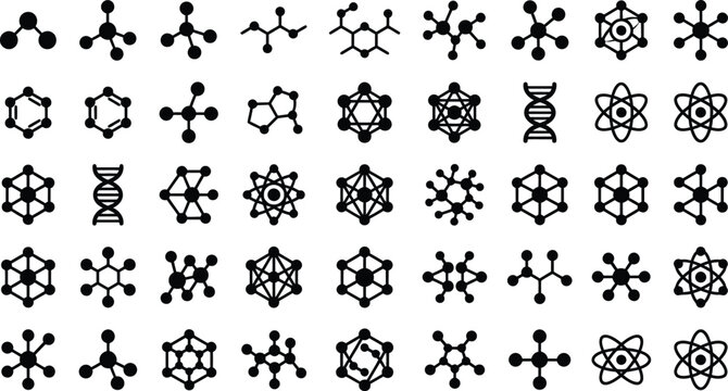 Set of black chemical molecule and atomic structure icons for science and education isolated on white background